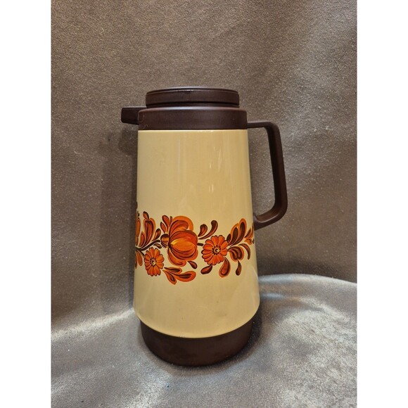 Vintage CORNING Thermos Coffee Tea Carafe 1qt GARDEN Orange Brown Floral - Picture 1 of 14